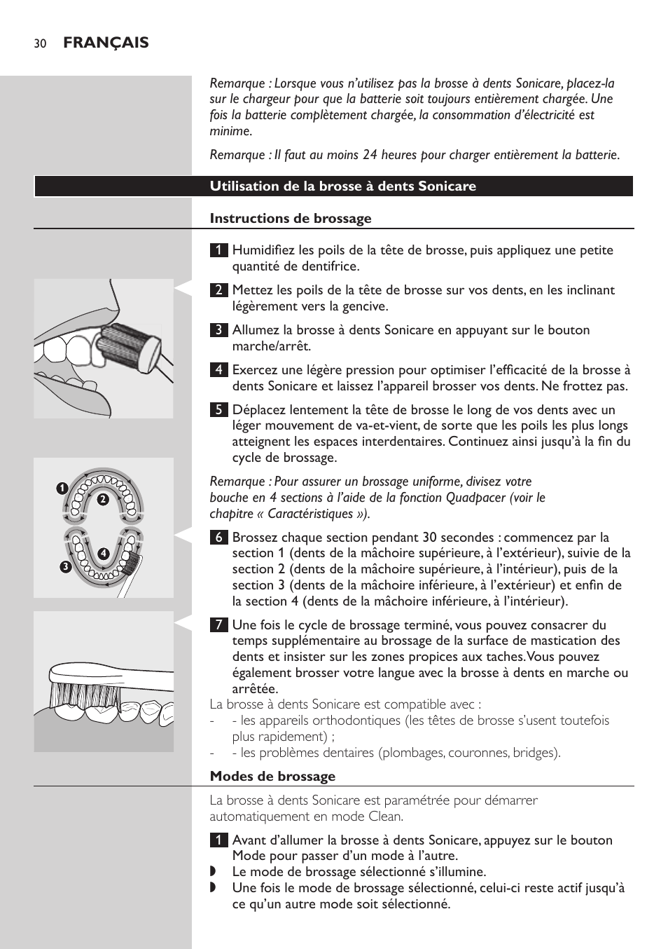 Utilisation de la brosse à dents sonicare, Instructions de brossage, Modes de brossage | Philips Sonicare FlexCare Brosse à dents sonique rechargeable User Manual | Page 30 / 64