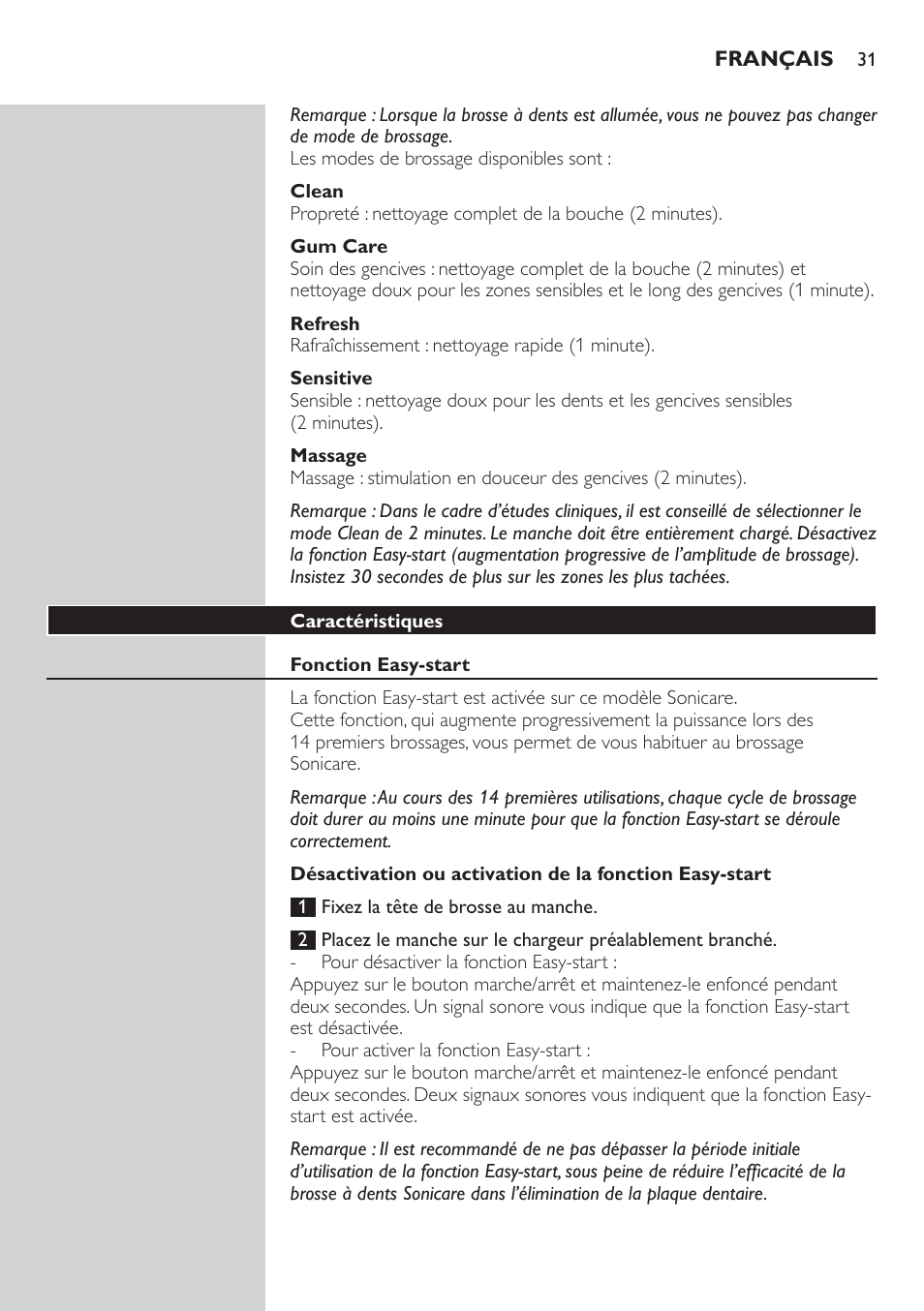 Clean, Gum care, Refresh | Sensitive, Massage, Caractéristiques, Fonction easy-start | Philips Sonicare FlexCare Brosse à dents sonique rechargeable User Manual | Page 31 / 64