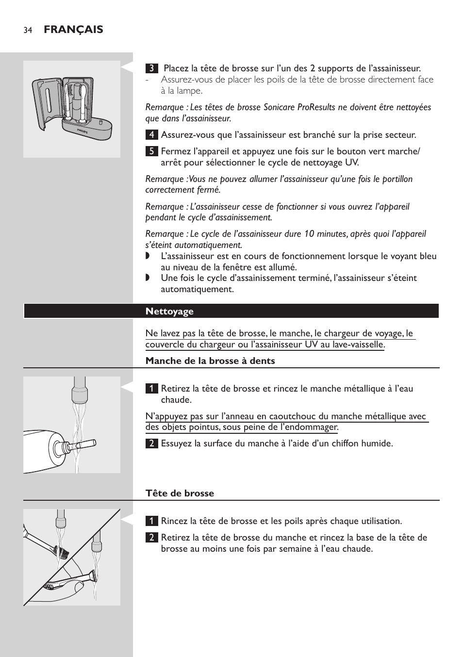 Nettoyage, Manche de la brosse à dents, Tête de brosse | Philips Sonicare FlexCare Brosse à dents sonique rechargeable User Manual | Page 34 / 64