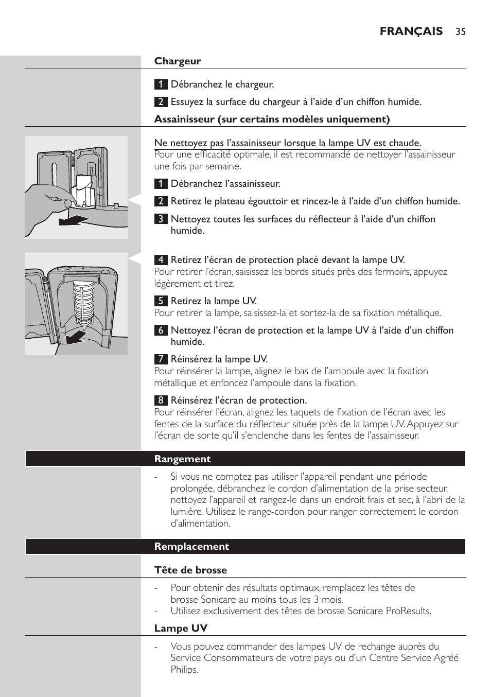 Chargeur, Assainisseur (sur certains modèles uniquement), Rangement | Remplacement, Tête de brosse, Lampe uv | Philips Sonicare FlexCare Brosse à dents sonique rechargeable User Manual | Page 35 / 64