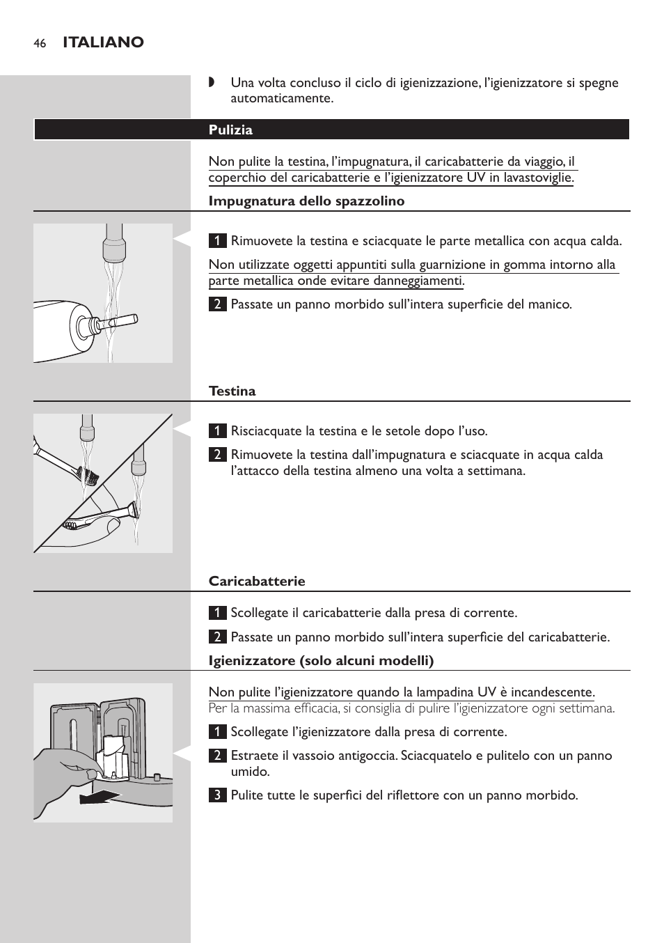 Pulizia, Impugnatura dello spazzolino, Testina | Caricabatterie, Igienizzatore (solo alcuni modelli) | Philips Sonicare FlexCare Brosse à dents sonique rechargeable User Manual | Page 46 / 64