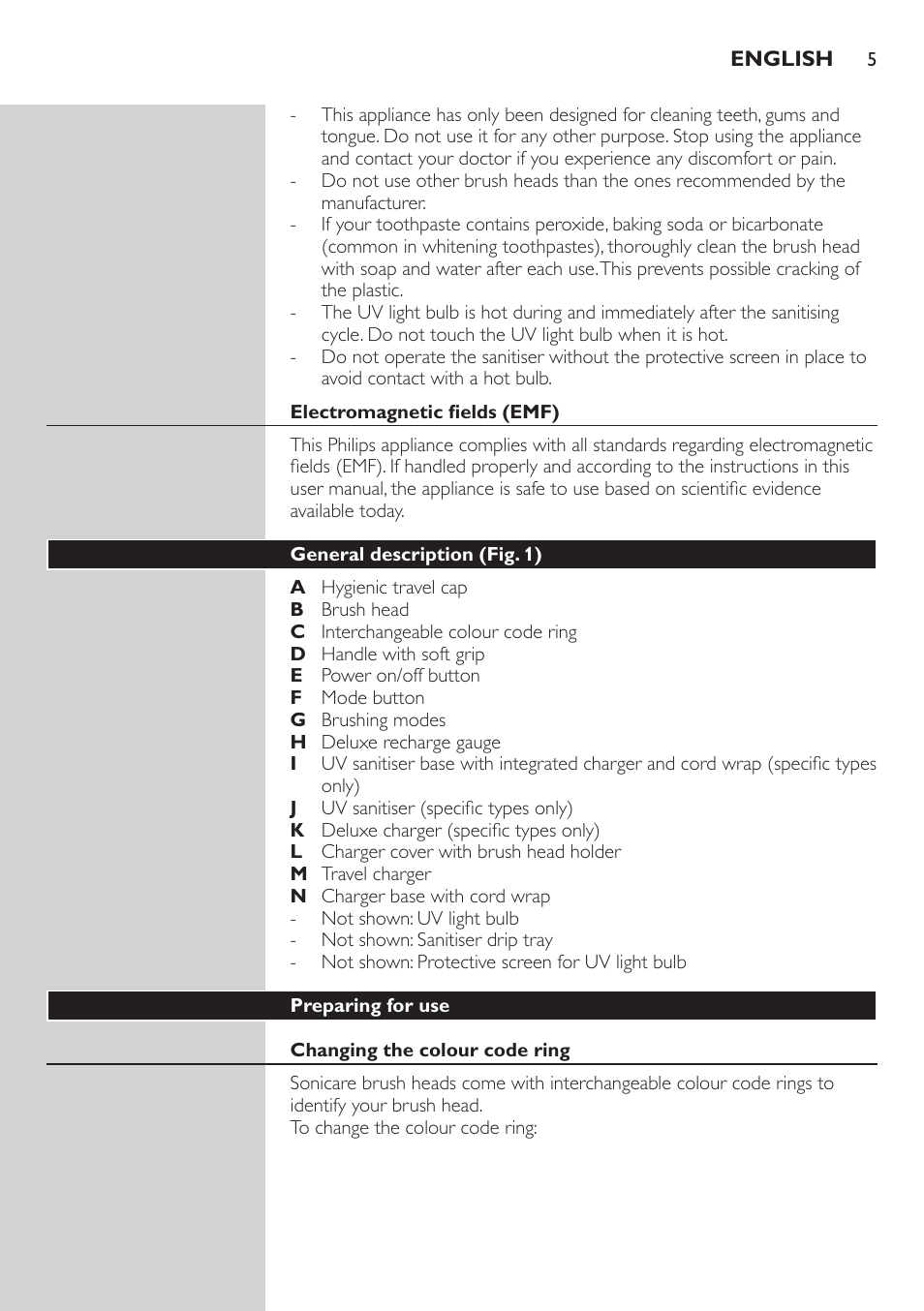 Electromagnetic fields (emf), General description (fig. 1), Preparing for use | Changing the colour code ring | Philips Sonicare FlexCare Brosse à dents sonique rechargeable User Manual | Page 5 / 64
