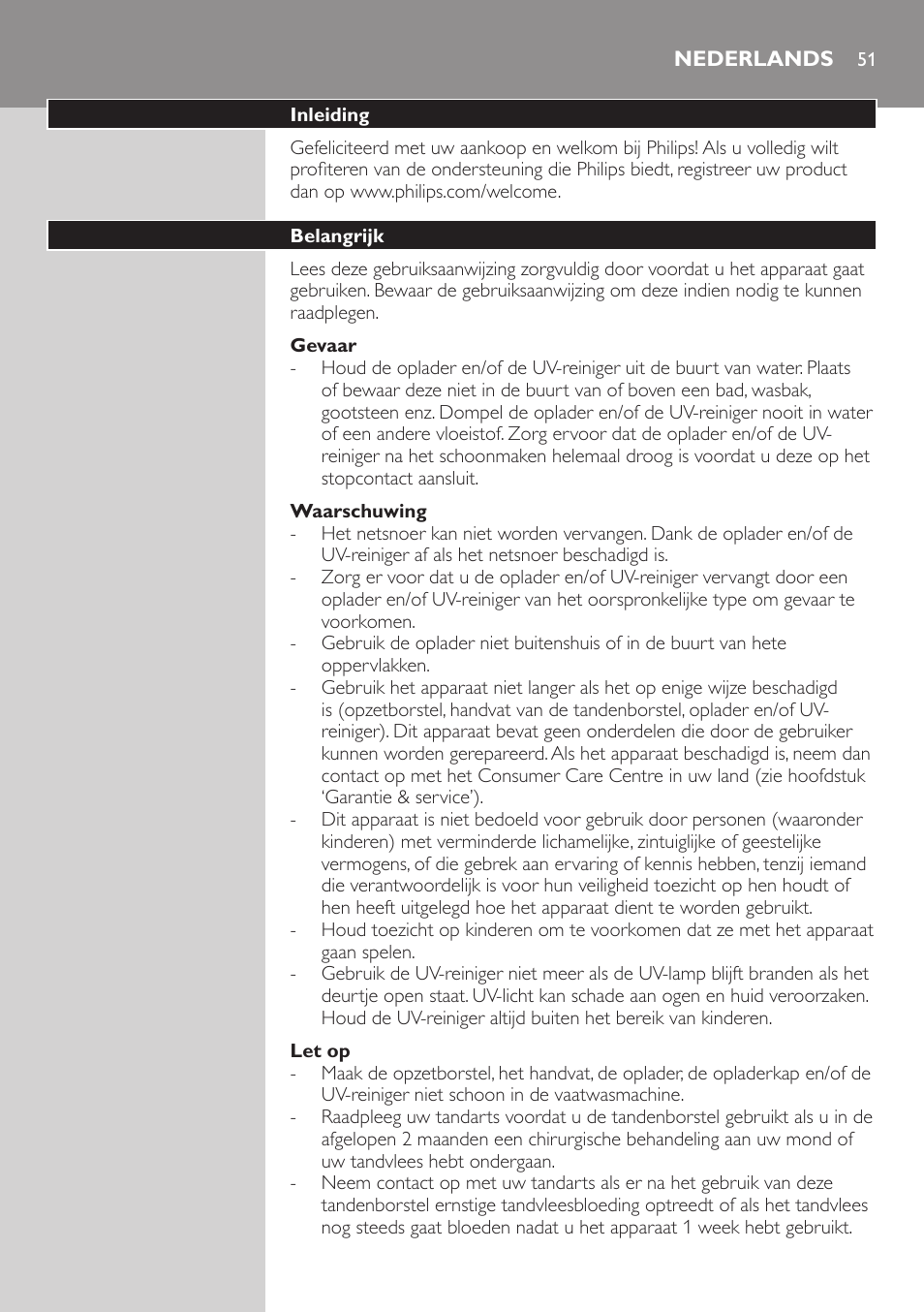 Gevaar, Waarschuwing, Let op | Nederlands, Inleiding, Belangrijk | Philips Sonicare FlexCare Brosse à dents sonique rechargeable User Manual | Page 51 / 64