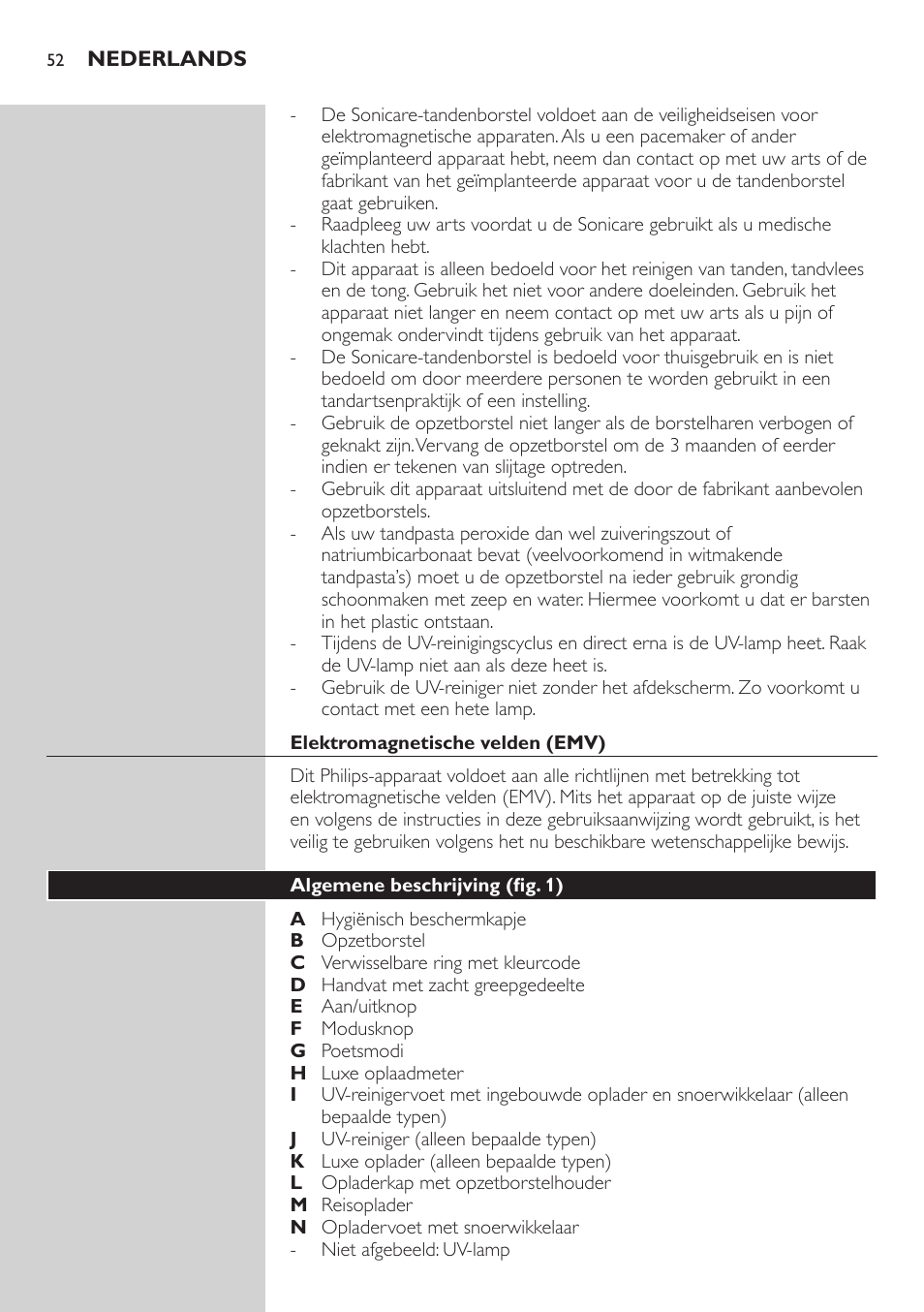 Elektromagnetische velden (emv), Algemene beschrijving (fig. 1) | Philips Sonicare FlexCare Brosse à dents sonique rechargeable User Manual | Page 52 / 64