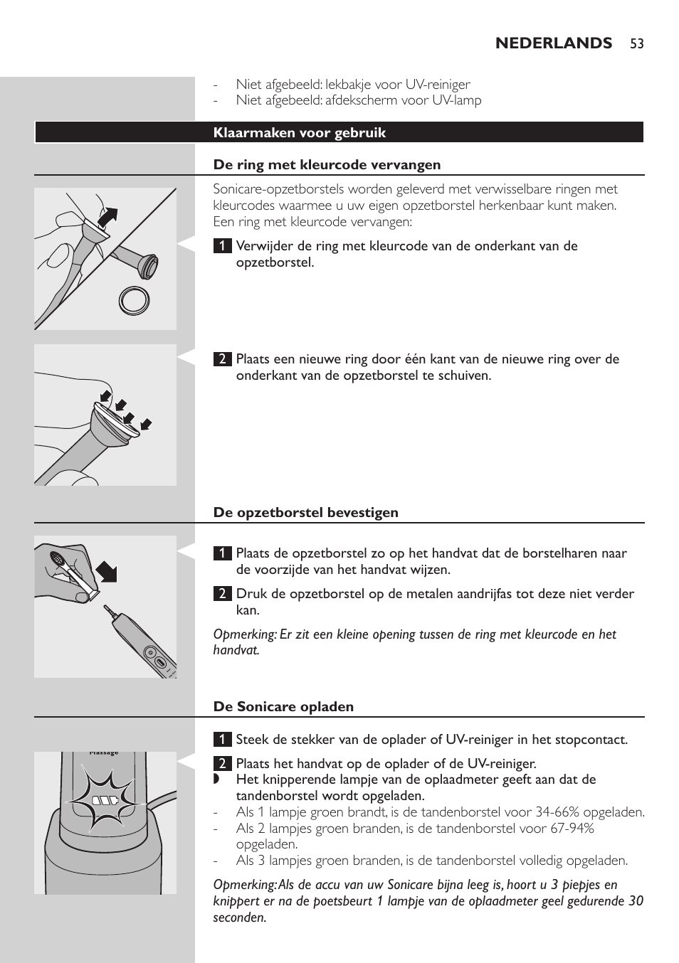 Klaarmaken voor gebruik, De ring met kleurcode vervangen, De opzetborstel bevestigen | De sonicare opladen | Philips Sonicare FlexCare Brosse à dents sonique rechargeable User Manual | Page 53 / 64