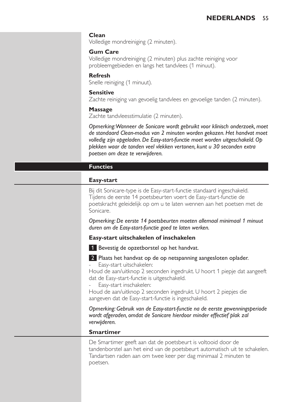 Clean, Gum care, Refresh | Sensitive, Massage, Functies, Easy-start, Easy-start uitschakelen of inschakelen, Smartimer | Philips Sonicare FlexCare Brosse à dents sonique rechargeable User Manual | Page 55 / 64