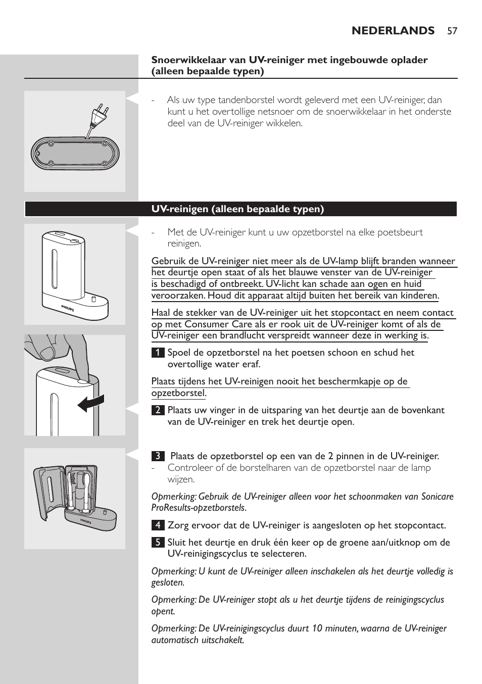 Uv-reinigen (alleen bepaalde typen) | Philips Sonicare FlexCare Brosse à dents sonique rechargeable User Manual | Page 57 / 64