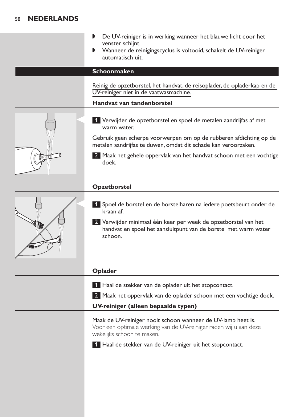 Schoonmaken, Handvat van tandenborstel, Opzetborstel | Oplader, Uv-reiniger (alleen bepaalde typen) | Philips Sonicare FlexCare Brosse à dents sonique rechargeable User Manual | Page 58 / 64