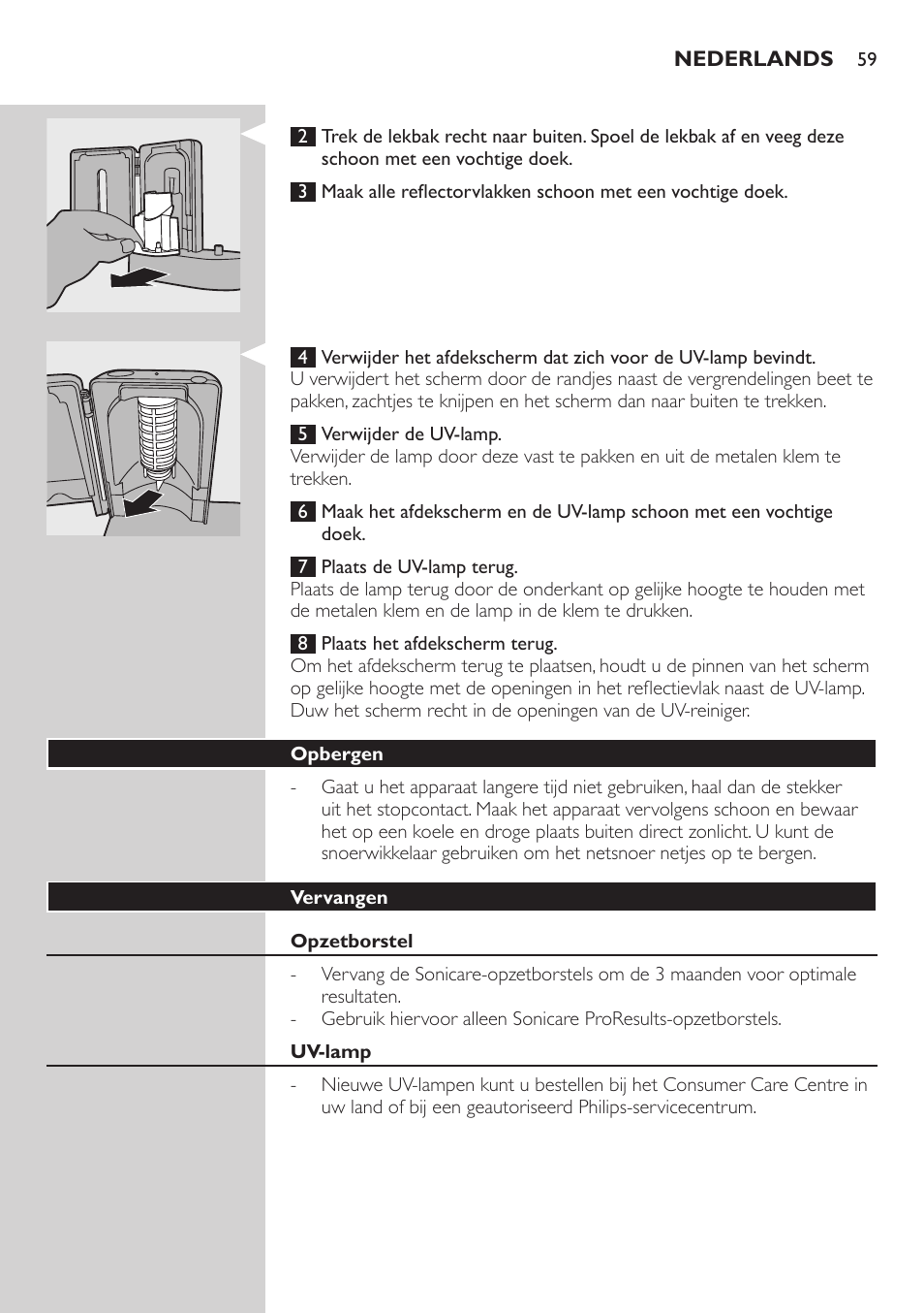 Opbergen, Vervangen, Opzetborstel | Uv-lamp | Philips Sonicare FlexCare Brosse à dents sonique rechargeable User Manual | Page 59 / 64