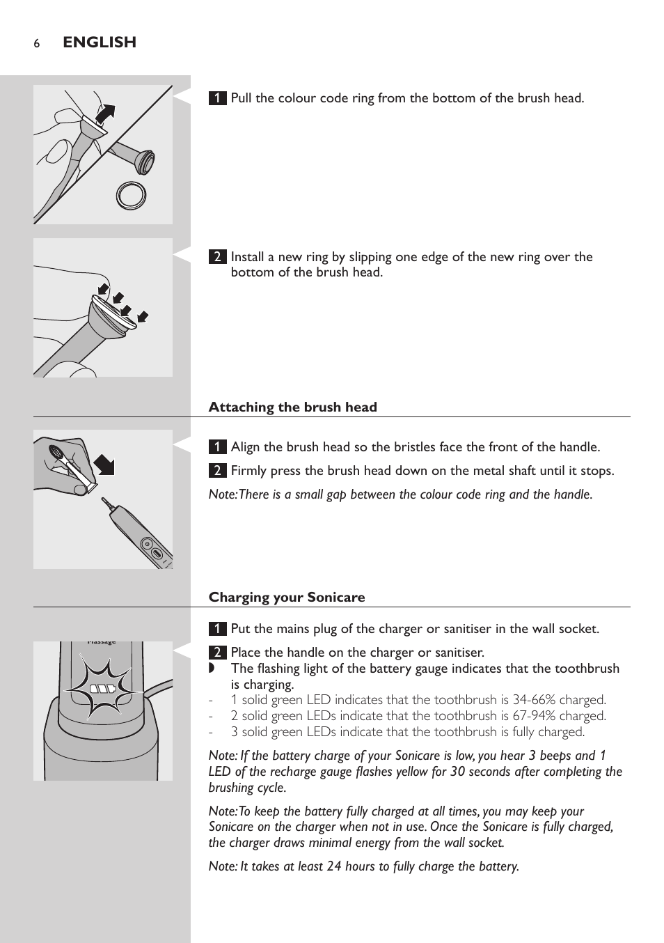 Attaching the brush head, Charging your sonicare | Philips Sonicare FlexCare Brosse à dents sonique rechargeable User Manual | Page 6 / 64