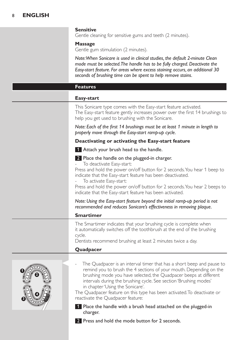 Sensitive, Massage, Features | Easy-start, Deactivating or activating the easy-start feature, Smartimer, Quadpacer | Philips Sonicare FlexCare Brosse à dents sonique rechargeable User Manual | Page 8 / 64