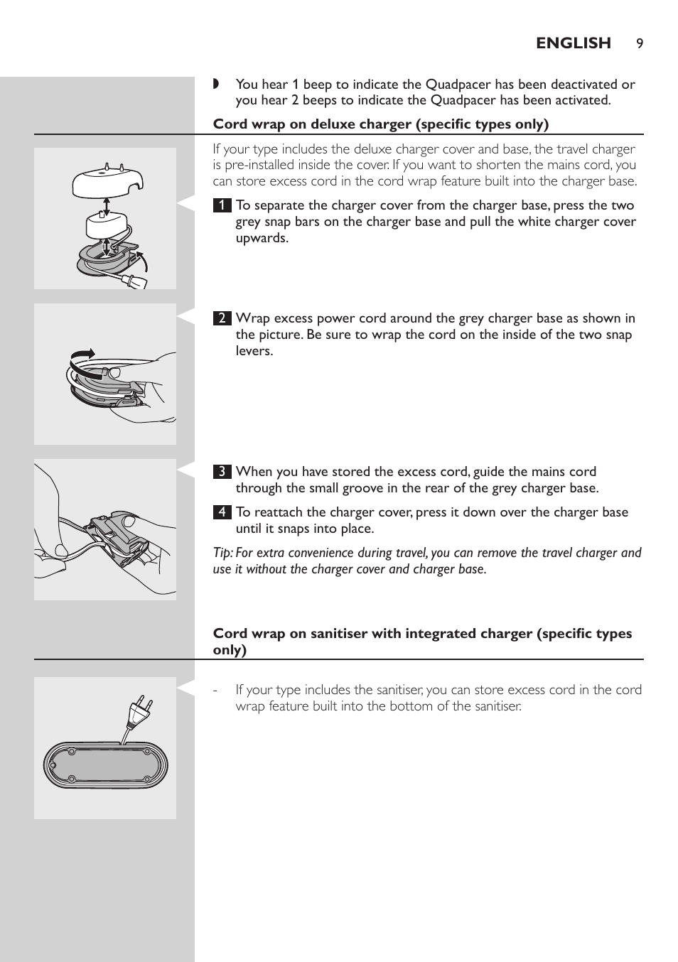 Cord wrap on deluxe charger (specific types only) | Philips Sonicare FlexCare Brosse à dents sonique rechargeable User Manual | Page 9 / 64