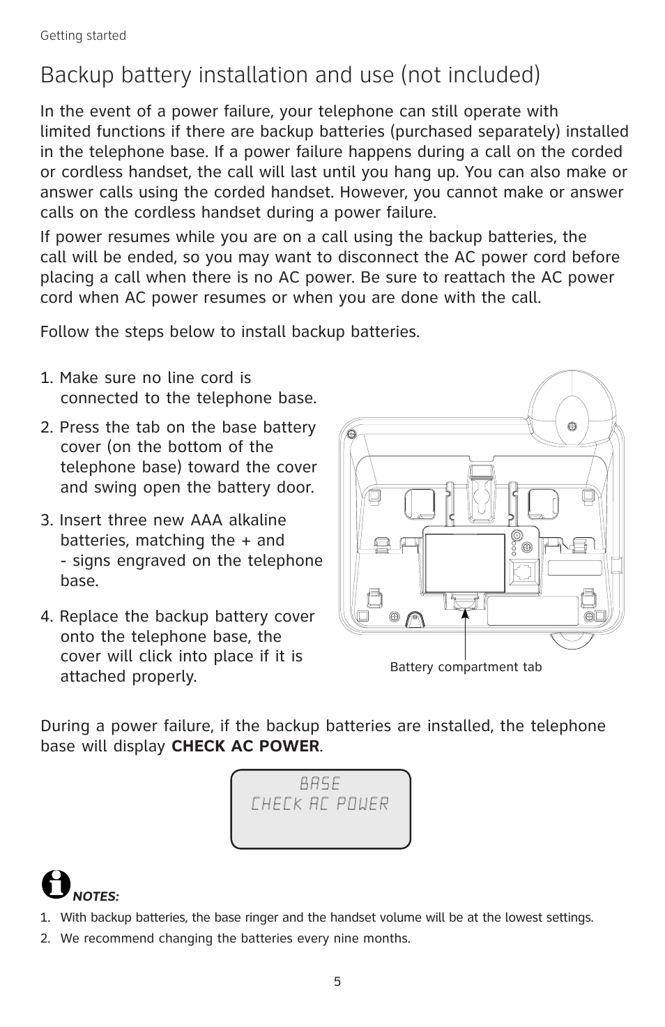 Backup battery installation and use (not included) | AT&T TL74458 User Manual | Page 10 / 97