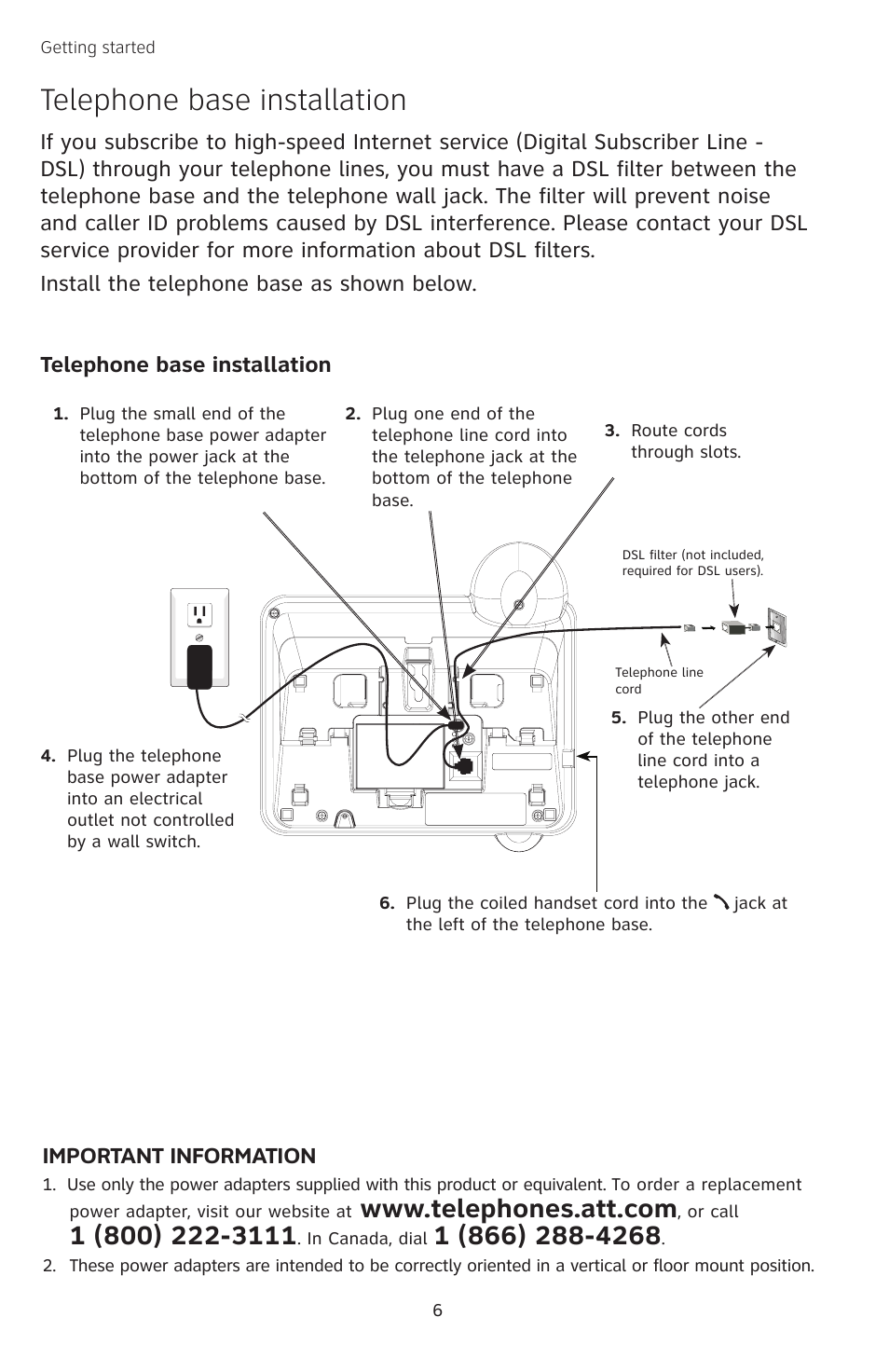 Telephone base installation | AT&T TL74458 User Manual | Page 11 / 97