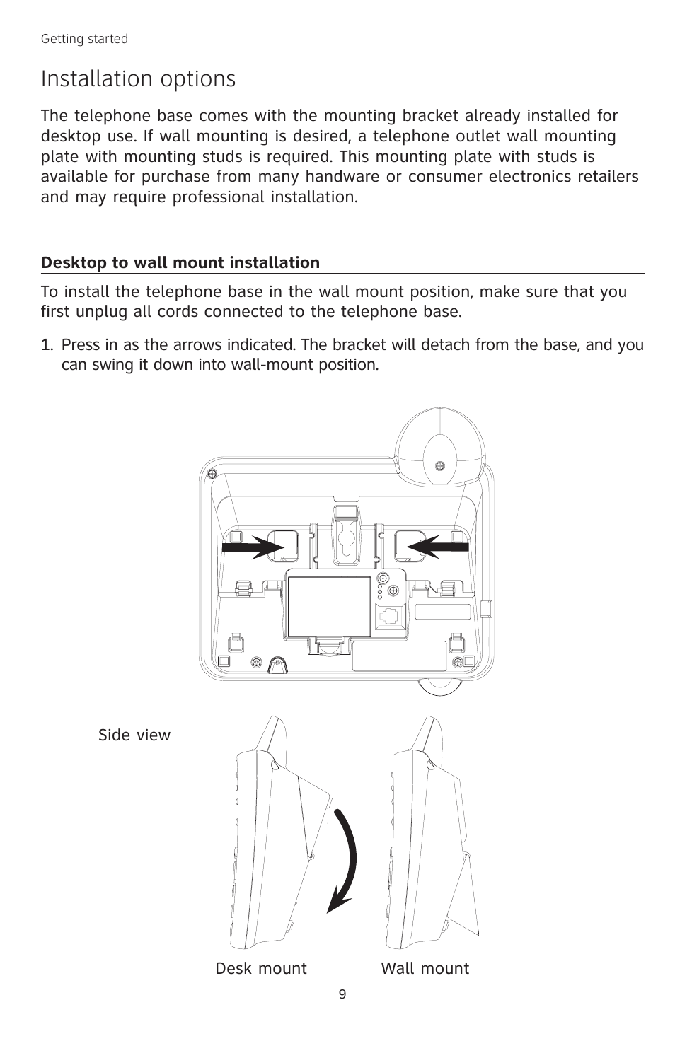 Desktop to wall mount installation, Installation options | AT&T TL74458 User Manual | Page 14 / 97