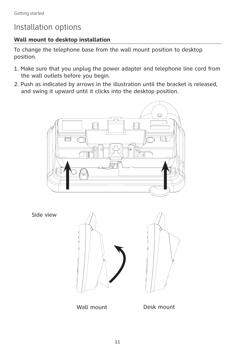 Wall mount to desktop installation, Installation options | AT&T TL74458 User Manual | Page 16 / 97