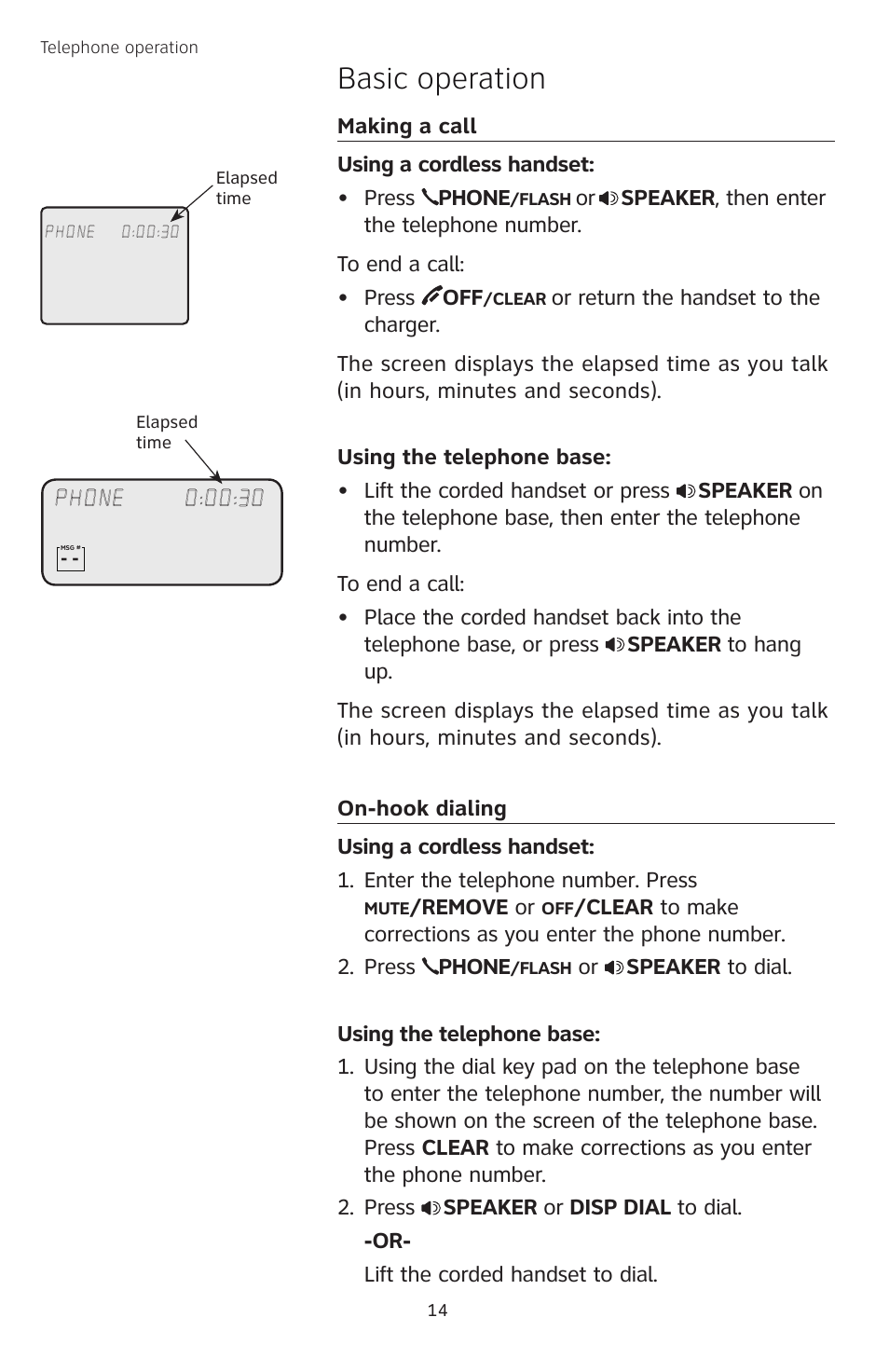 Telephone operation, Making a call, Using the telephone base | On-hook dialing, Using a cordless handset, Basic operation | AT&T TL74458 User Manual | Page 19 / 97
