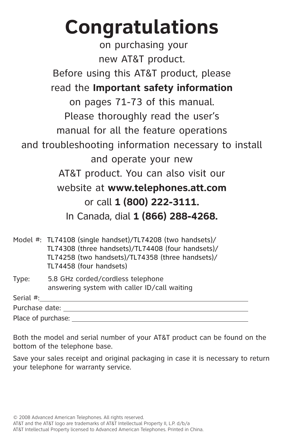 AT&T TL74458 User Manual | Page 2 / 97