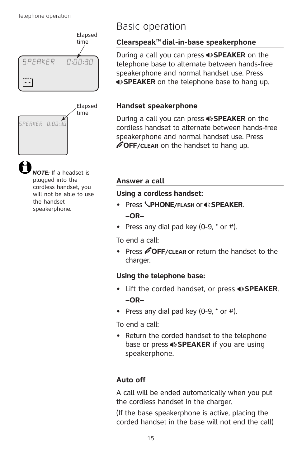 Clearspeaktm dial-in-base speakerphone, Handset speakerphone, Answer a call | Auto off, Basic operation | AT&T TL74458 User Manual | Page 20 / 97