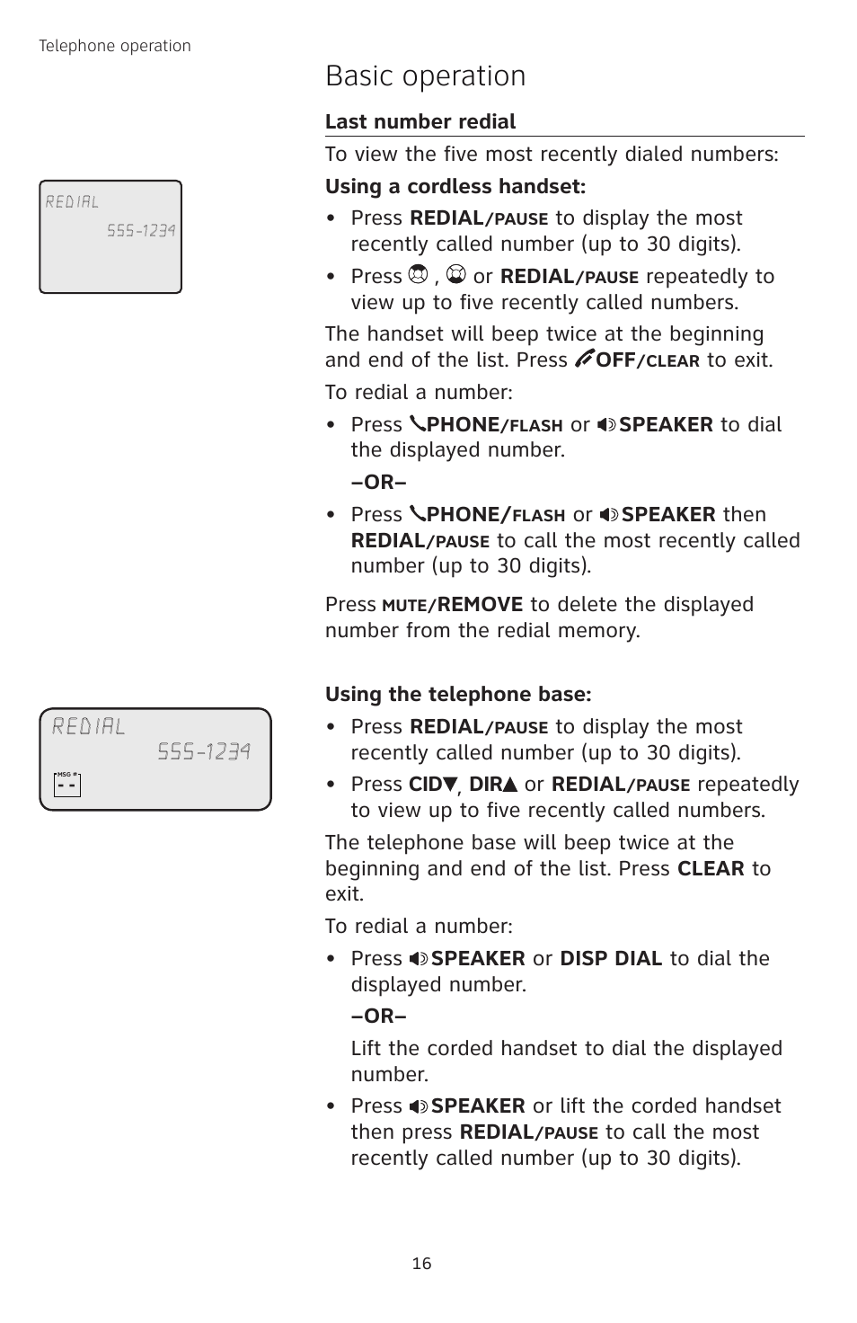 Last number redial, Basic operation | AT&T TL74458 User Manual | Page 21 / 97