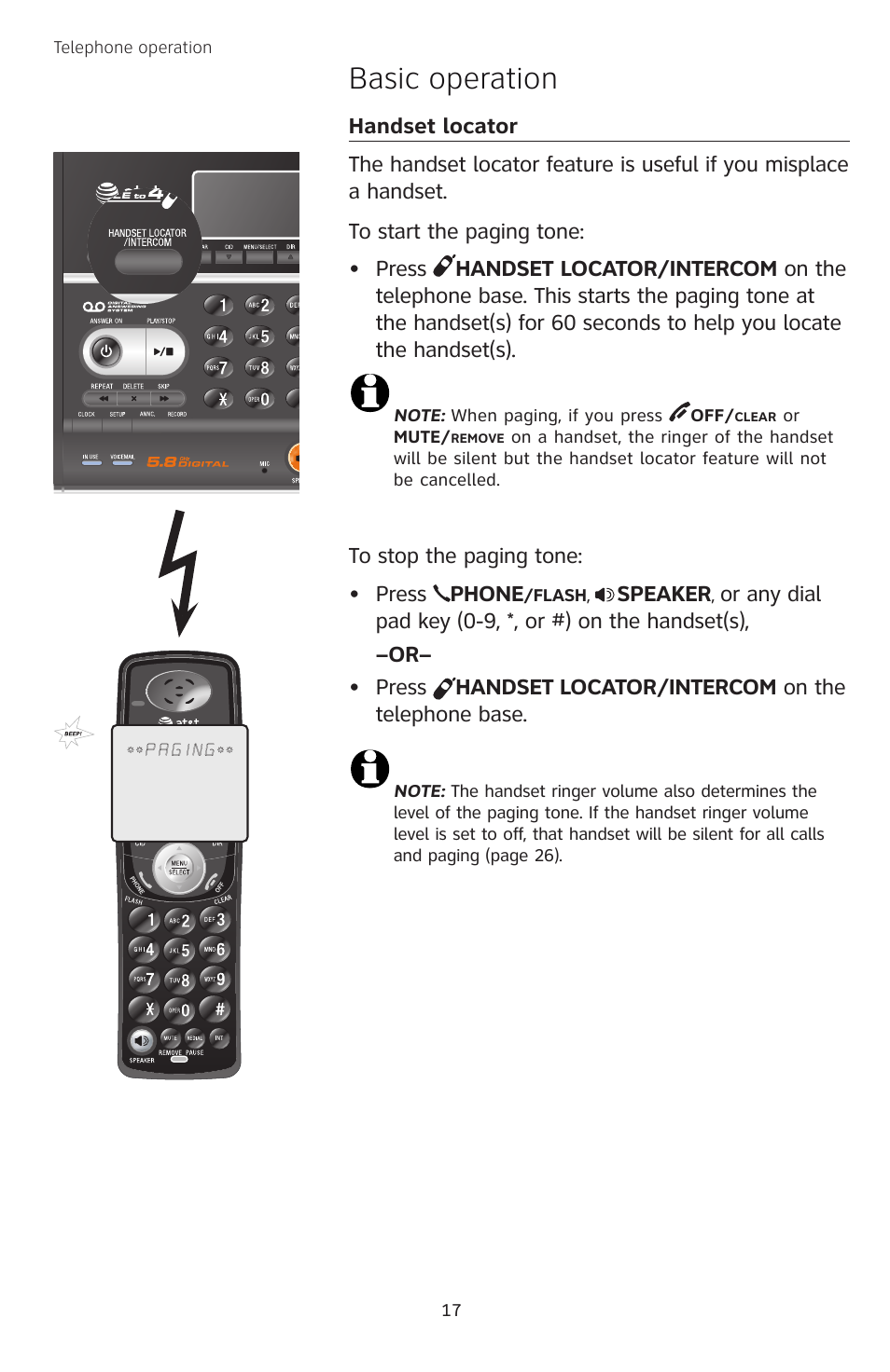 Handset locator, Basic operation | AT&T TL74458 User Manual | Page 22 / 97