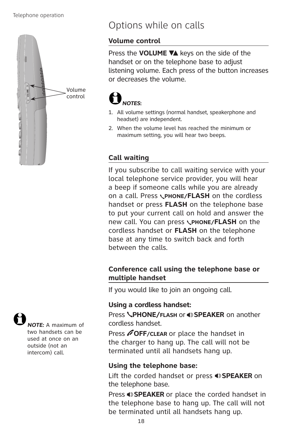 Options while on calls, Volume control, Call waiting | AT&T TL74458 User Manual | Page 23 / 97