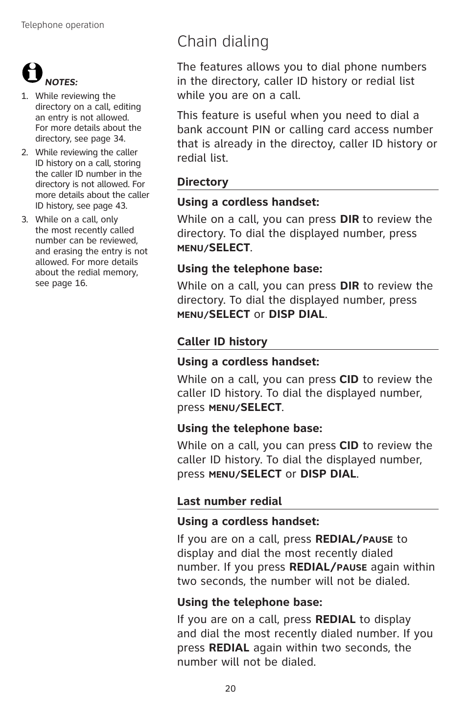 Chain dialing, Directory, Caller id history | Last number redial | AT&T TL74458 User Manual | Page 25 / 97