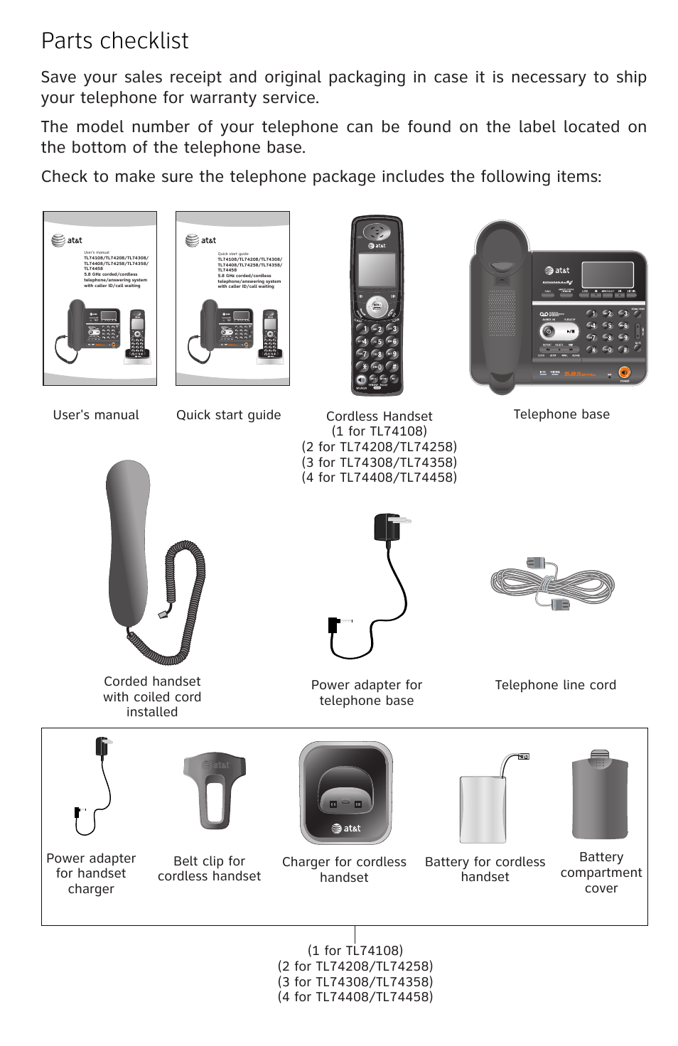 Parts checklist | AT&T TL74458 User Manual | Page 3 / 97