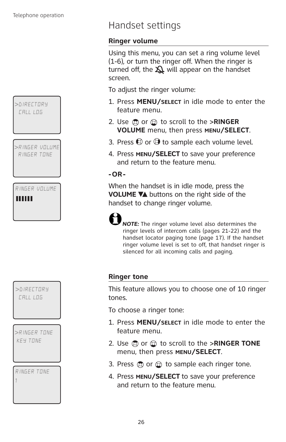 Ringer volume, Ringer tone, Handset settings | AT&T TL74458 User Manual | Page 31 / 97
