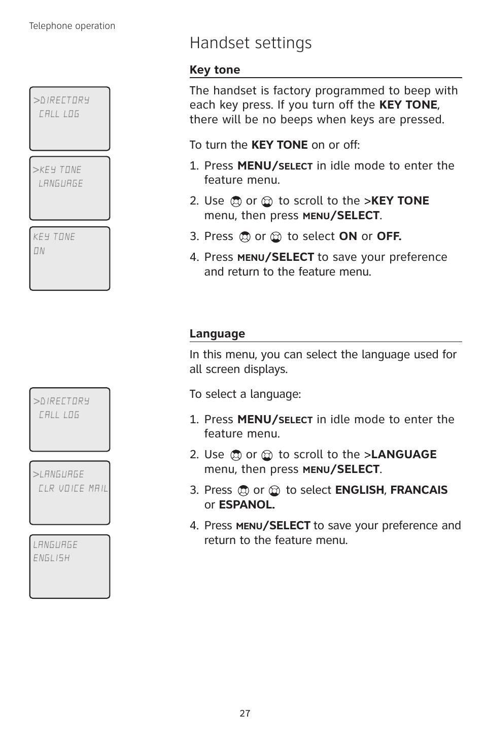 Key tone, Language, Handset settings | AT&T TL74458 User Manual | Page 32 / 97