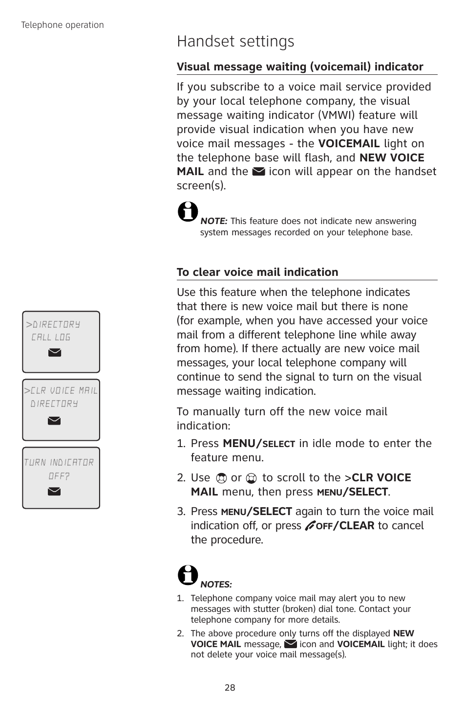 Visual message waiting (voicemail) indicator, To clear voice mail indication, Handset settings | AT&T TL74458 User Manual | Page 33 / 97