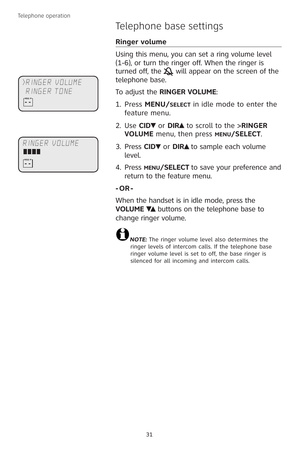 Ringer volume, Telephone base settings | AT&T TL74458 User Manual | Page 36 / 97