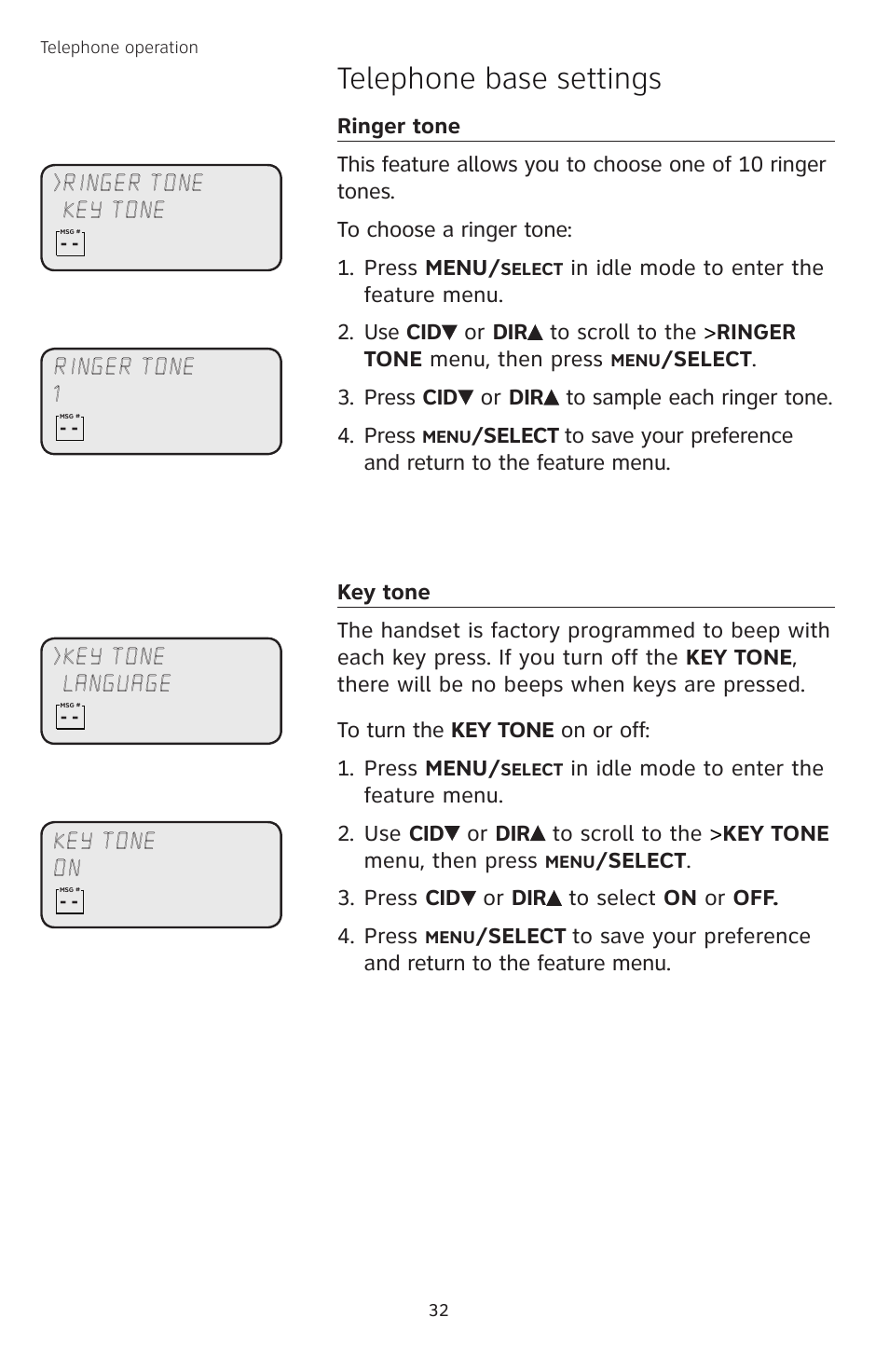 Ringer tone, Key tone, Telephone base settings | AT&T TL74458 User Manual | Page 37 / 97