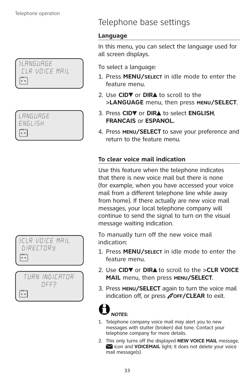 Language, To clear voice mail indication, Telephone base settings | AT&T TL74458 User Manual | Page 38 / 97