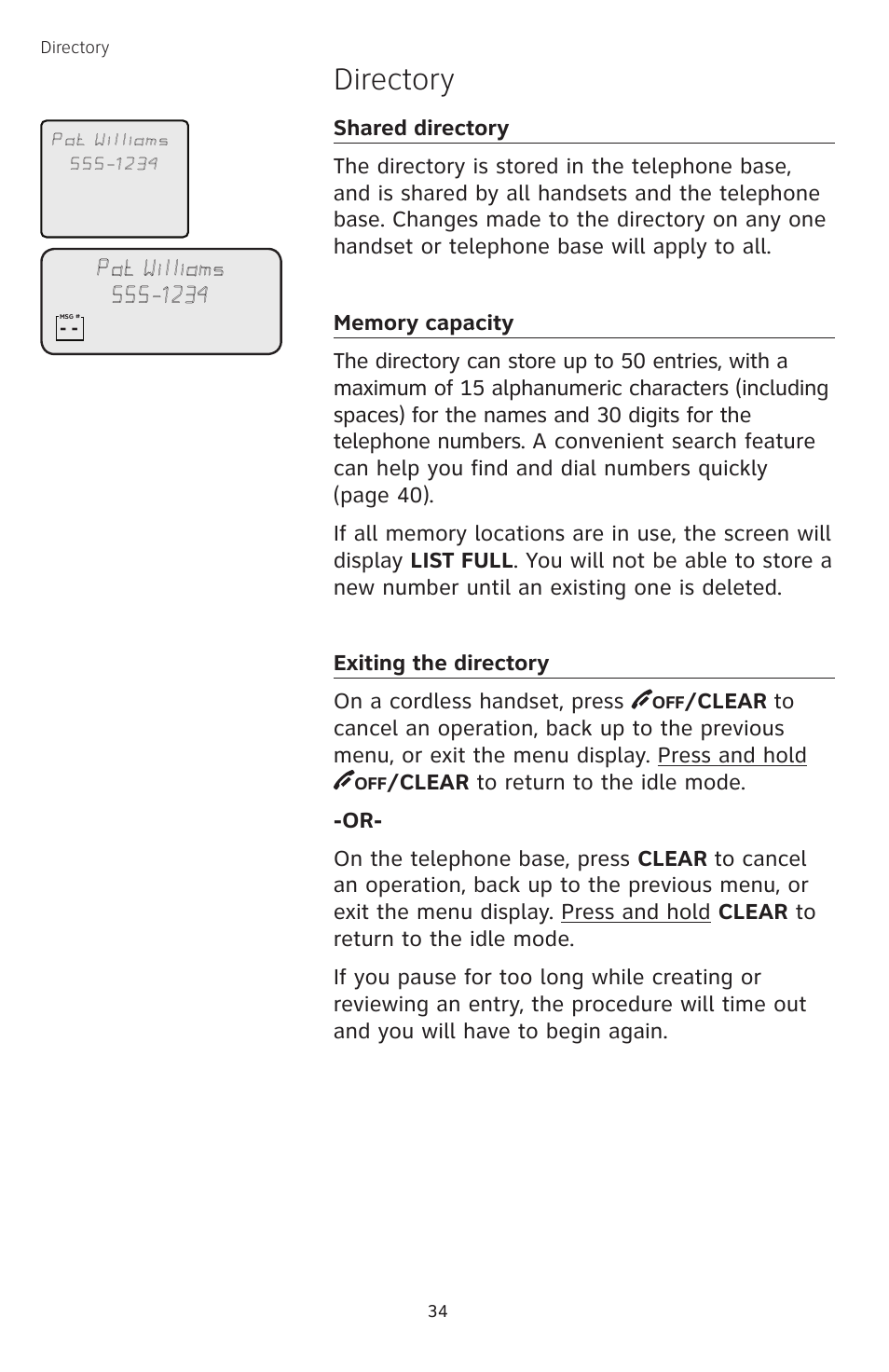 Shared directory, Memory capacity, Exiting the directory | Directory | AT&T TL74458 User Manual | Page 39 / 97