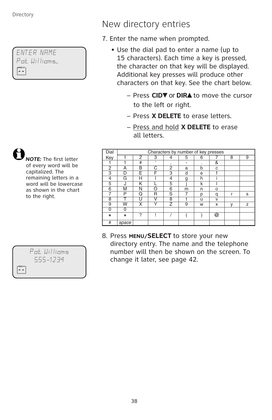 New directory entries, Press, Select | Enter name pat williams | AT&T TL74458 User Manual | Page 43 / 97