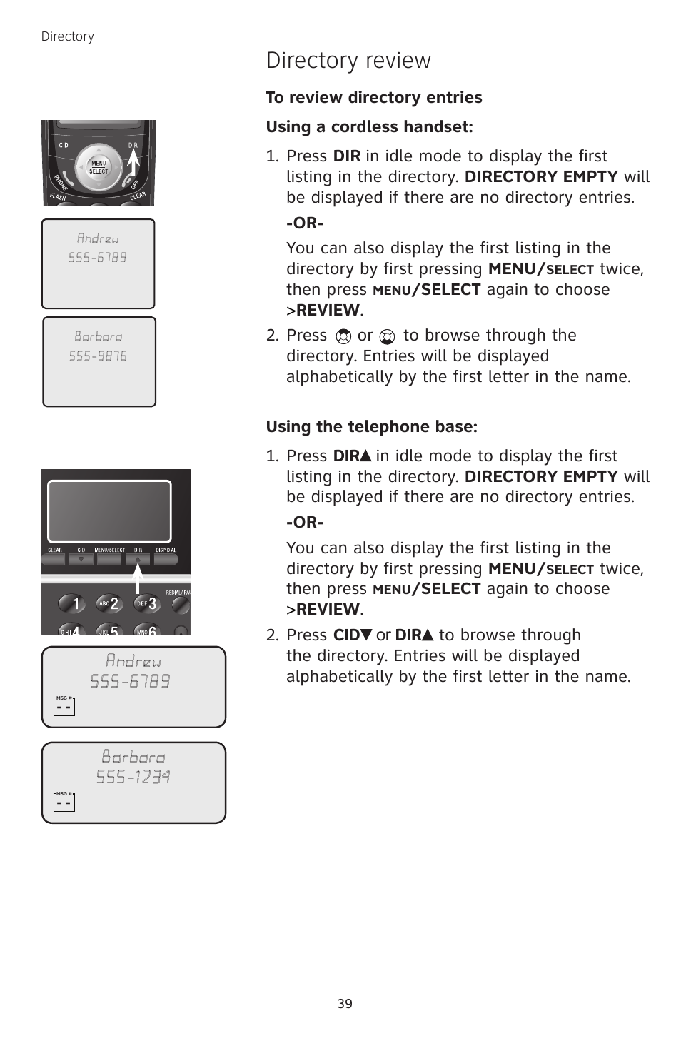 Directory review, To review directory entries | AT&T TL74458 User Manual | Page 44 / 97