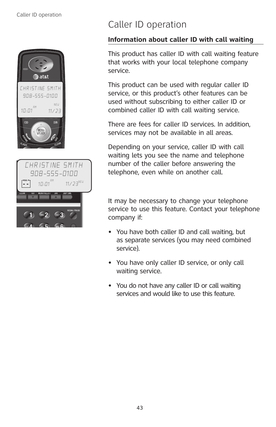 Caller id operation, Information about caller id with call waiting | AT&T TL74458 User Manual | Page 48 / 97