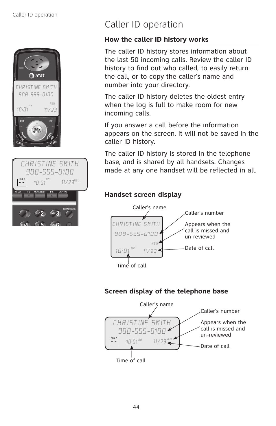 How the caller id history works, Caller id operation | AT&T TL74458 User Manual | Page 49 / 97
