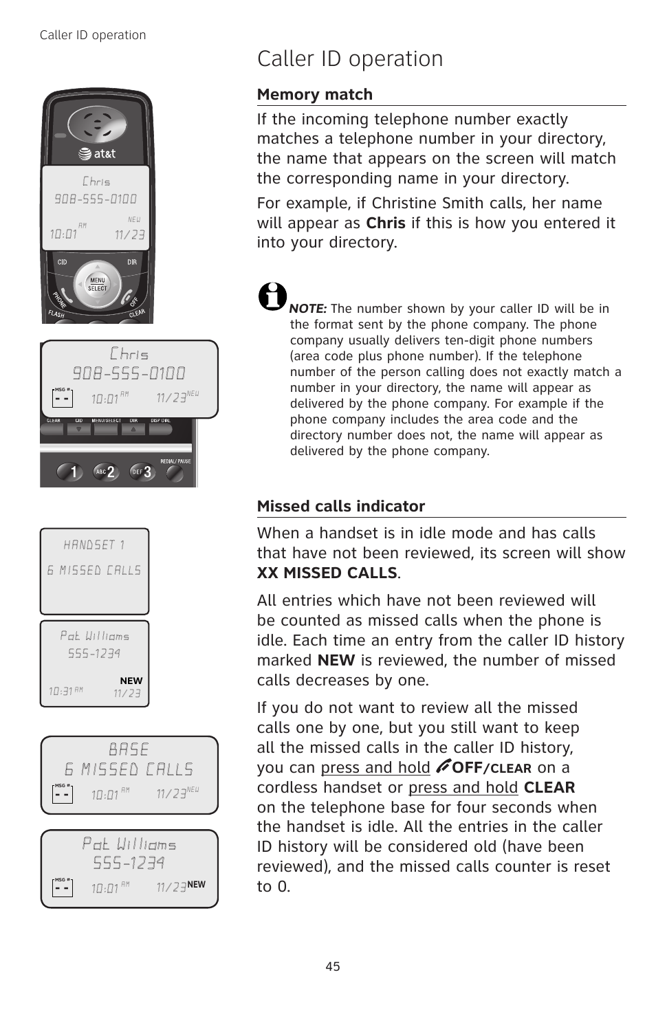 Memory match, Missed calls indicator, Caller id operation | Base 6 missed calls | AT&T TL74458 User Manual | Page 50 / 97