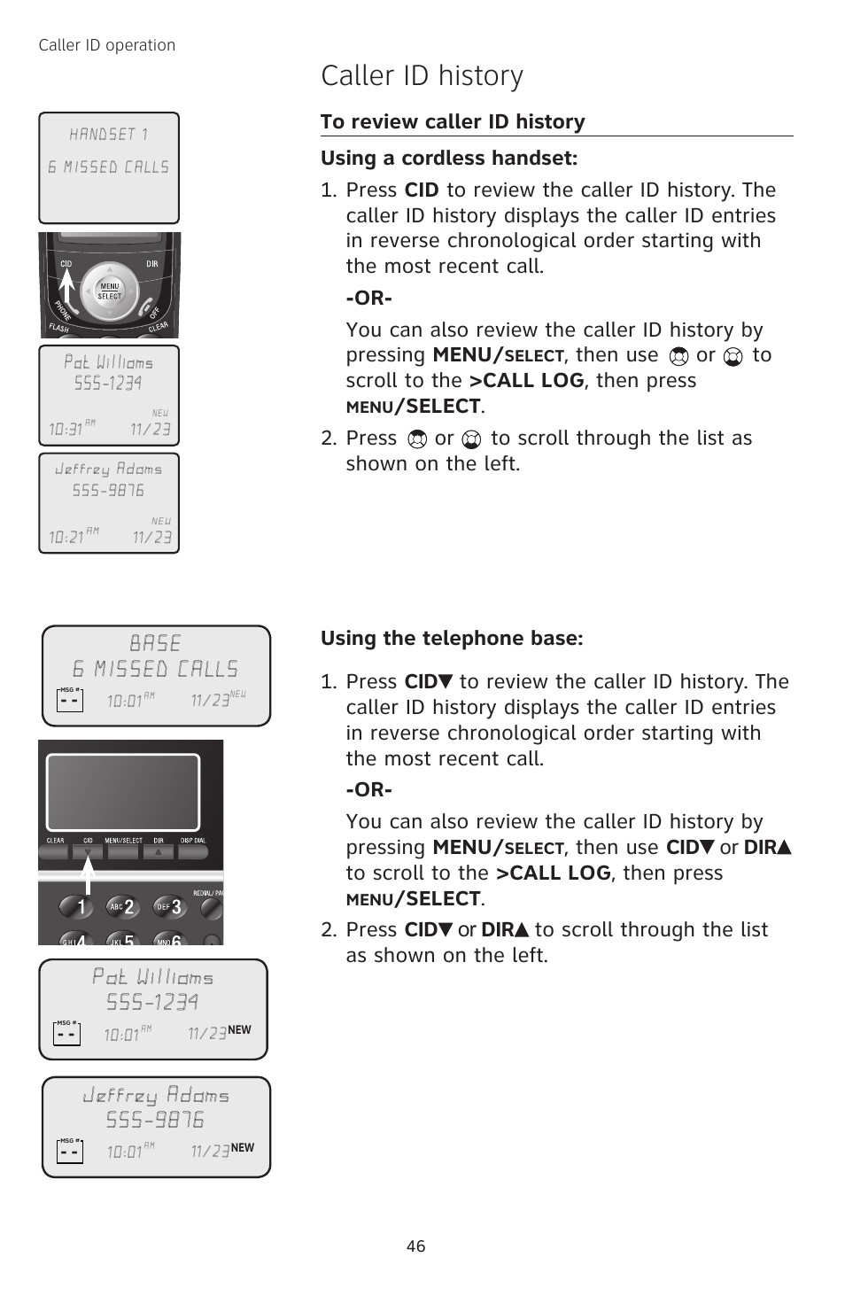 To review caller id history, Caller id history, Base 6 missed calls | AT&T TL74458 User Manual | Page 51 / 97