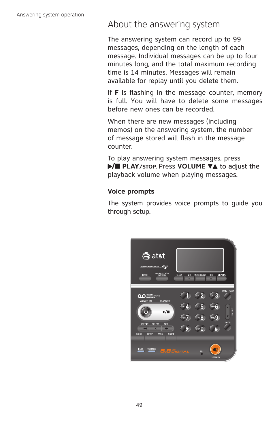 About the answering system, Voice prompts | AT&T TL74458 User Manual | Page 54 / 97