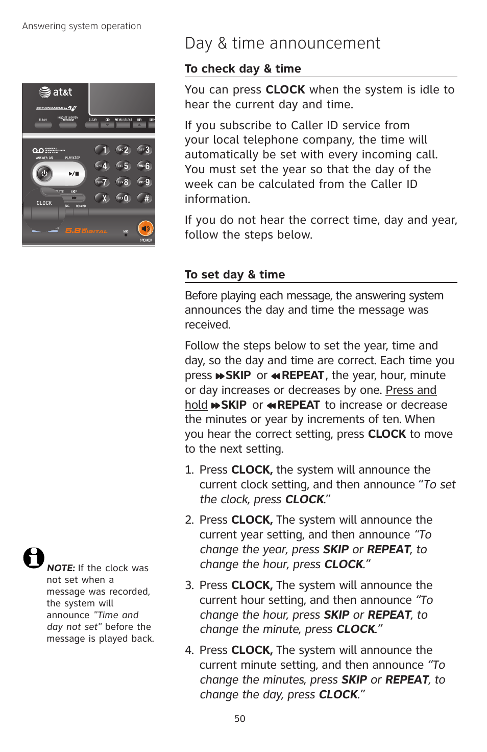 Day & time announcement, To check day & time, To set day & time | AT&T TL74458 User Manual | Page 55 / 97