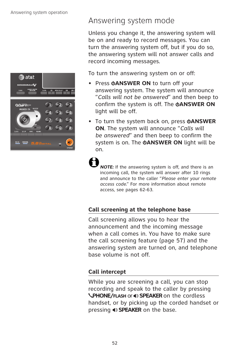 Answering system mode, Call screening at the telephone base, Call intercept | AT&T TL74458 User Manual | Page 57 / 97