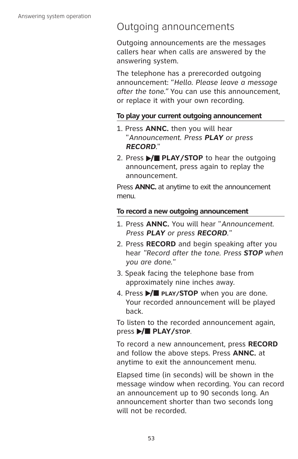 Outgoing announcements, To play your current outgoing announcement, To record a new outgoing announcement | AT&T TL74458 User Manual | Page 58 / 97