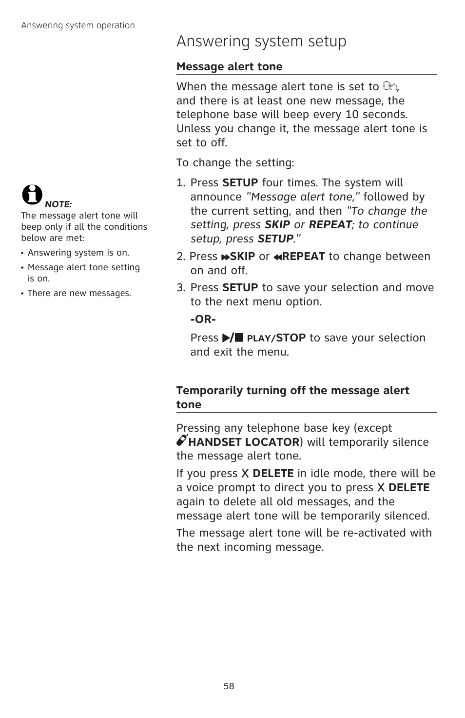 Message alert tone, Temporarily turning off the message alert tone, Answering system setup | AT&T TL74458 User Manual | Page 63 / 97