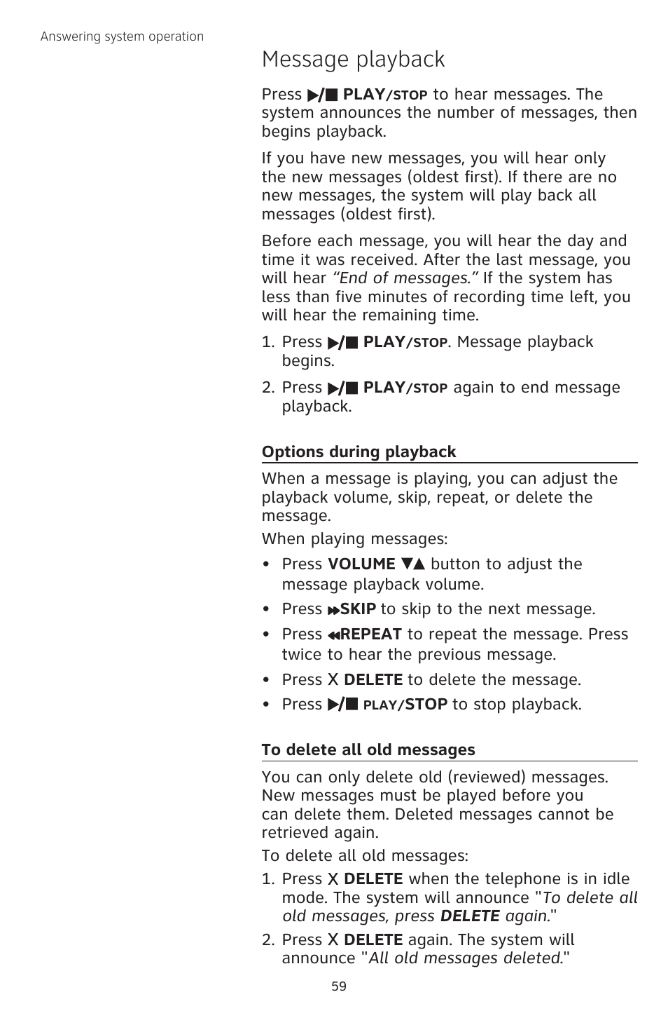 Message playback, Options during playback, To delete all old messages | AT&T TL74458 User Manual | Page 64 / 97