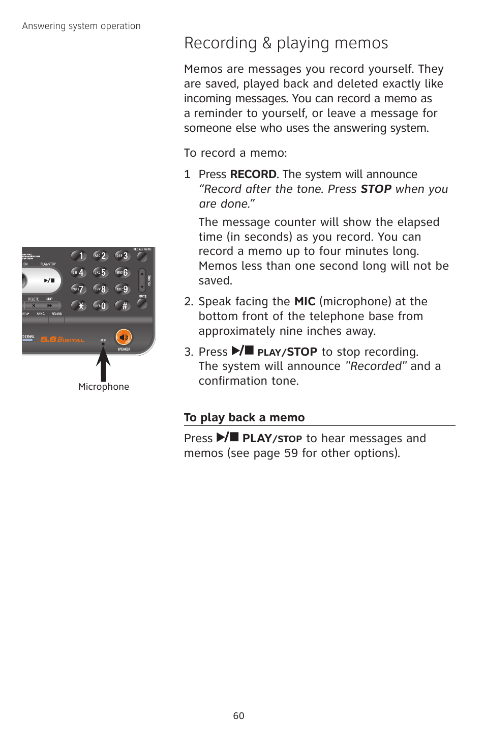 Recording & playing memos, To play back a memo | AT&T TL74458 User Manual | Page 65 / 97