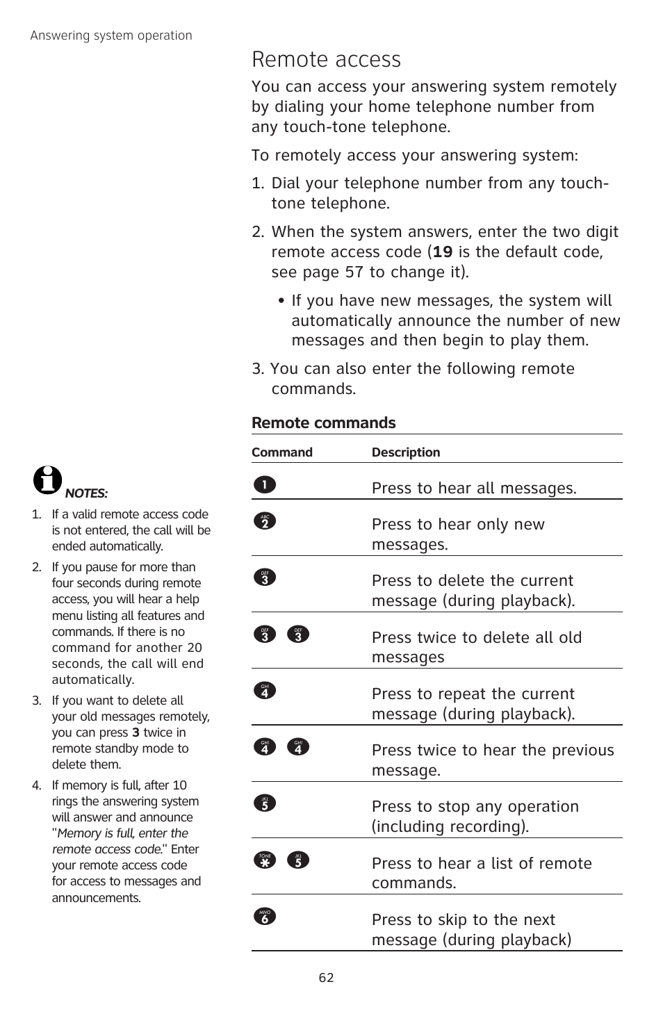 Remote access, Remote commands | AT&T TL74458 User Manual | Page 67 / 97