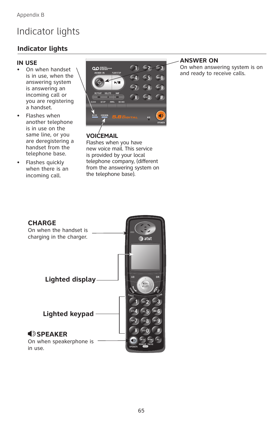 Indicator lights, Lighted keypad lighted display charge, Speaker | AT&T TL74458 User Manual | Page 70 / 97